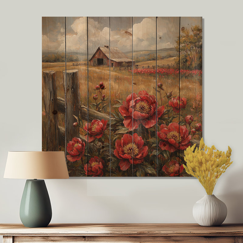 Pivoines rouges rétro par The Barn I - art mural en bois pivoines - sur bois de pin naturel, H 15 po x l 15 po x P 0,78 po