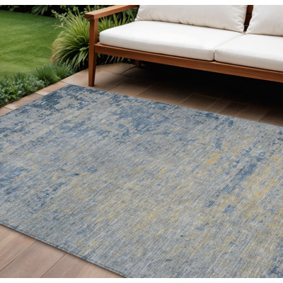 9' X 12' Navy Blue And Beige Abstract Washable Indoor Outdoor Area Rug