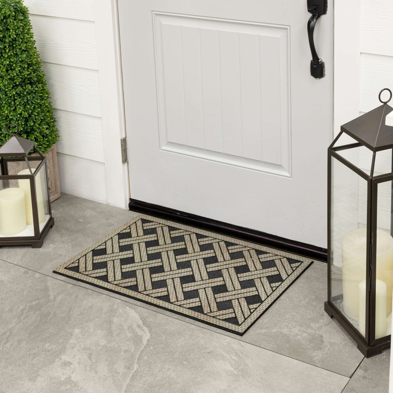 Interlock Weave Natural Wicker Geometric Weather Resistant Non-Slip Outdoor Door Mat