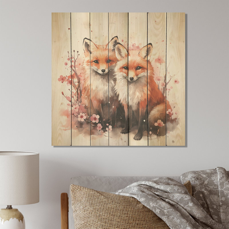Foxs Elegant Forest Florals Grace I - Fox Animal On Wood Print, 30" H x 30" W