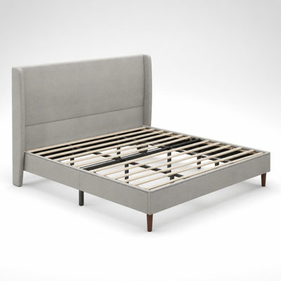 King Size High Headboard Upholstered Bed Frame with 12 Sturdy Slat Support, Durable Wooden Construction, Soft Premium Upholstery, Stable Solid Wood Legs