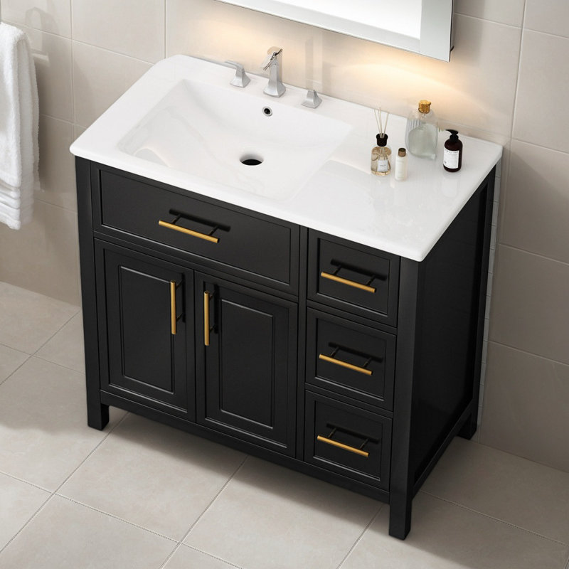 Meuble-lavabo sur pied 36 po avec lavabo en céramique, meuble-lavabo autoportant avec 3 tiroirs et 2 portes, panneau de fibres à densité moyenne