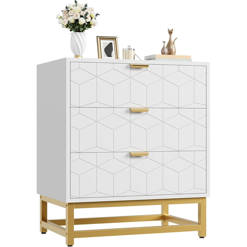 White 3-Drawer Dresser with Metal Legs, Modern Storage Chest for Bedroom, Living Room