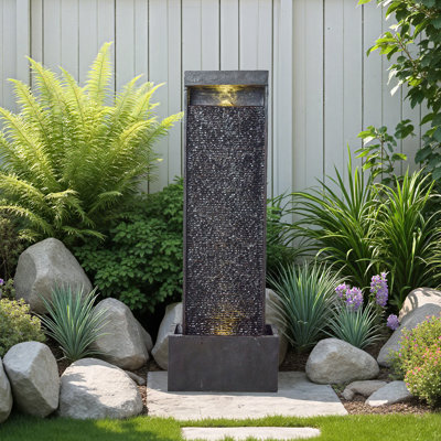 Outdoor Floor - Standing Waterfall Fountain With LED Light, Modern Rock - Textured Water Feature For Garden, Patio & Yard Decor