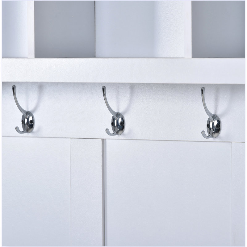 White Solid Wood Hall Tree with Storage and Hooks