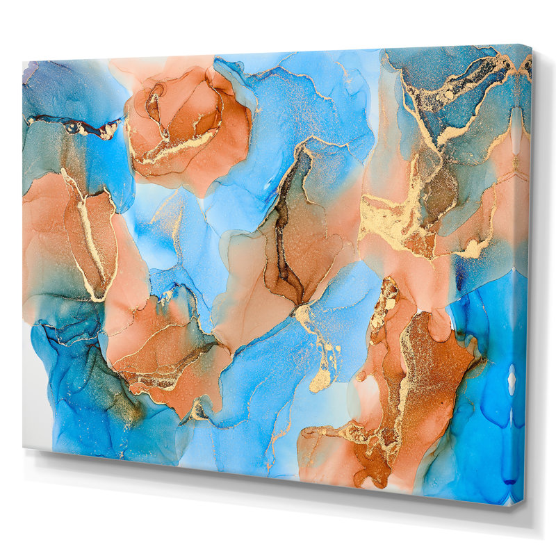 Turquoise et brun, luxe abstrait, fluide VI - peinture sur toile, H 24 po x l 32 po x P 1 po, Toile tendue