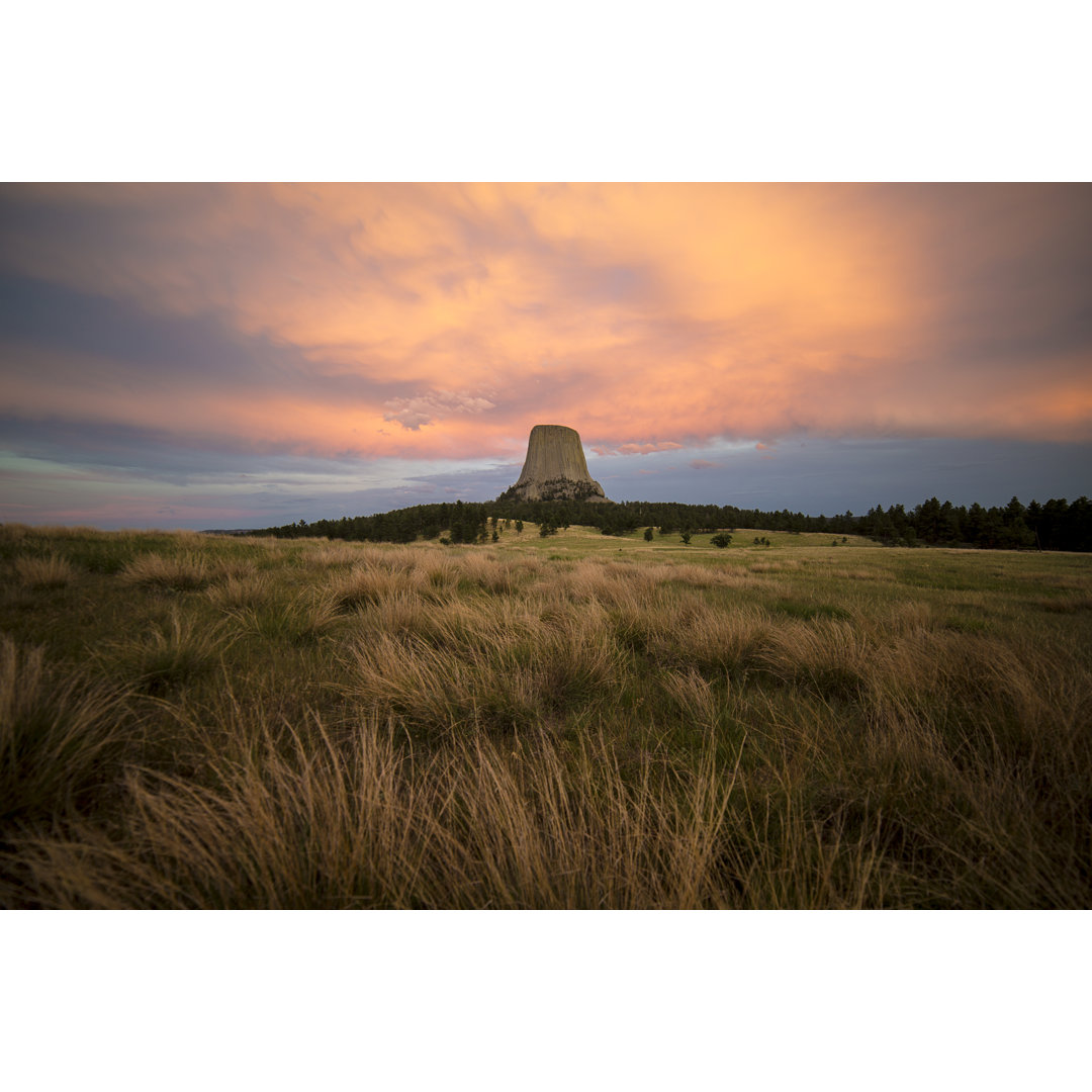 Devils Tower National Monument bei Sonnenuntergang 545810236