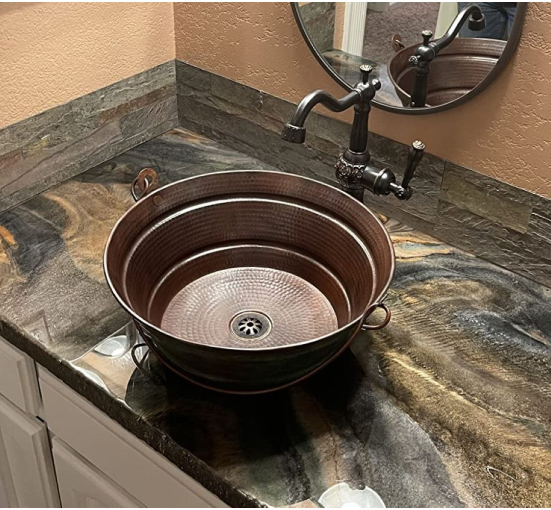 15'' Rustic Round Copper Bucket Vessel Bathroom Sink with Daisy Drain SimplyCopper