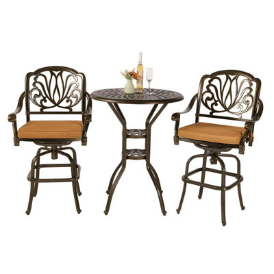 Giligia 3-Piece Patio Swivel Bar Stools Set, All Weather Cast Aluminum Outdoor Bar Height Bistro Set with 2 Cushioned Bar Chairs & 30.98" High Bar Tab