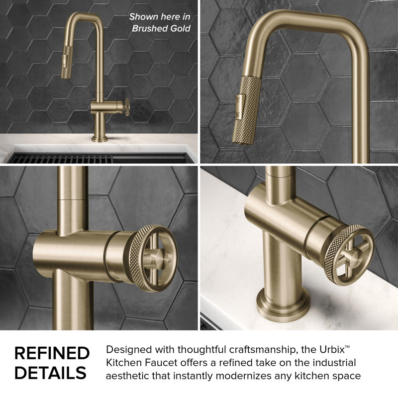 Urbix Industrial Pull-Down Single Handle Kitchen Faucet, Brushed Gold