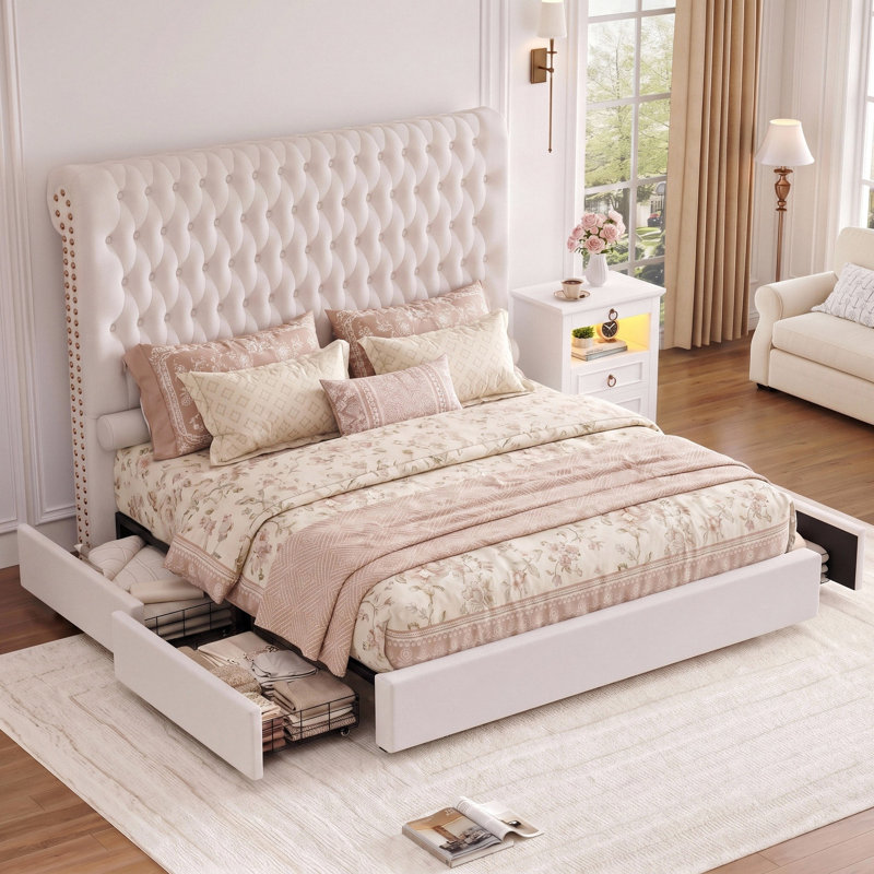 3-Piece Smart Illuminated Bedroom Set -Tall Storage Bed and LED Nightstands with Charging Station