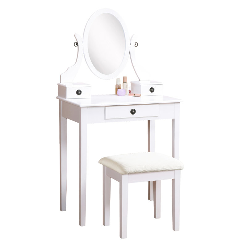 Table de coiffeuse blanche tendance et tabouret rembourré en bois avec 3 espaces de rangement, Blanc
