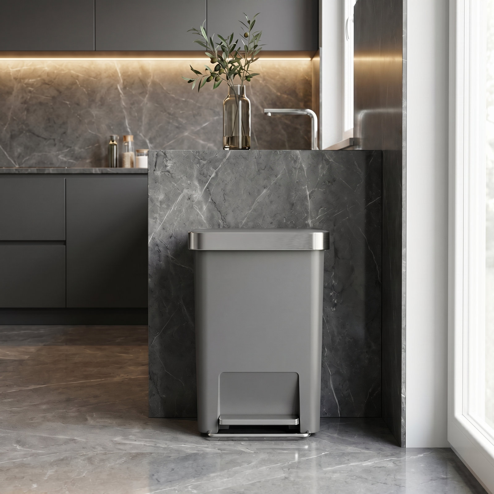 Simplehuman 45 Liter / 12 Gallon Rectangular Kitchen Step Trash Can with Soft-Close Lid, Plastic, Gray