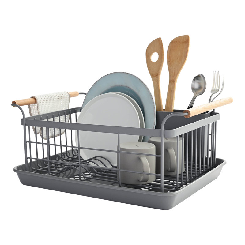 Gray Steel Dish Drainer Rack with Wood Handles and Utensil Cup