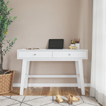 Draylen White Solid Wood Study Desk with Drawers /Rubberwood/Curved/0.