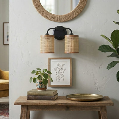 Double Light Vanity With Natural Rattan Shade Wall Lamp