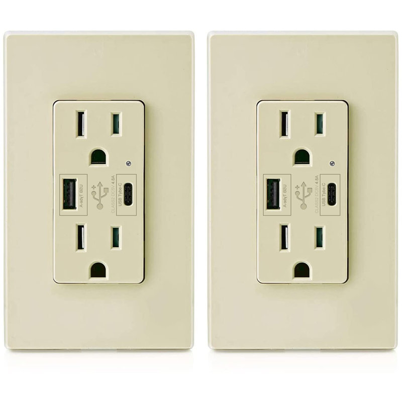 15A Tamper Resistant Duplex Outlet with USB Ports and Wall Plate, 2-Pack