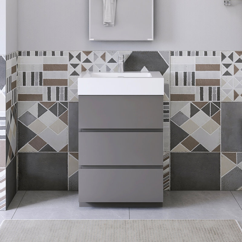 Meuble-lavabo simple 24 po avec surface solide Saunder, Gris, Blanc