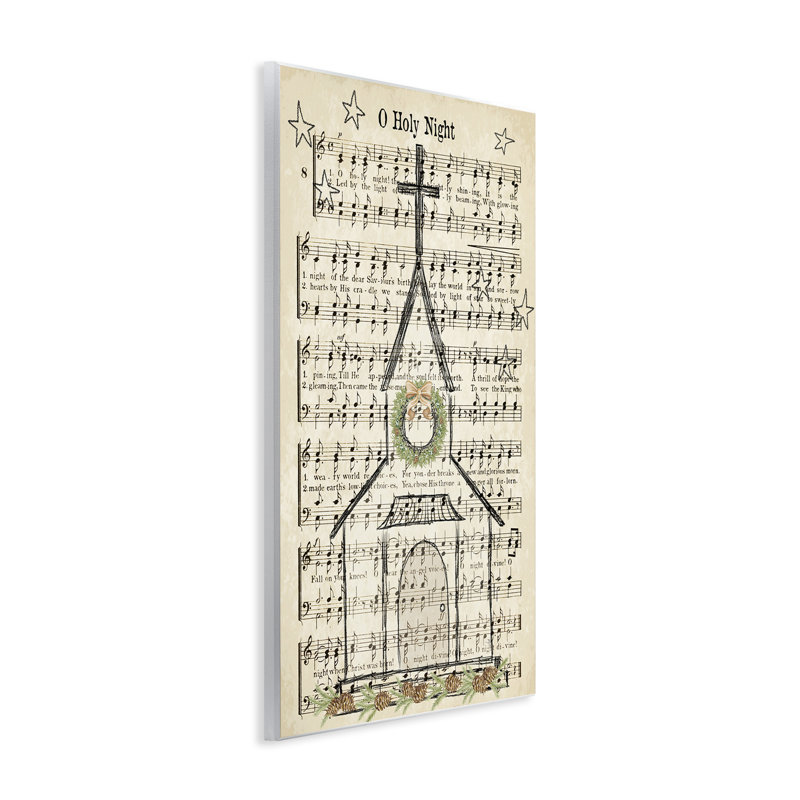 Festive Winter Church Holy Night Musical Script Grey Farmhouse Rustic Oversized Framed Giclee Texturized Art By Andi Metz