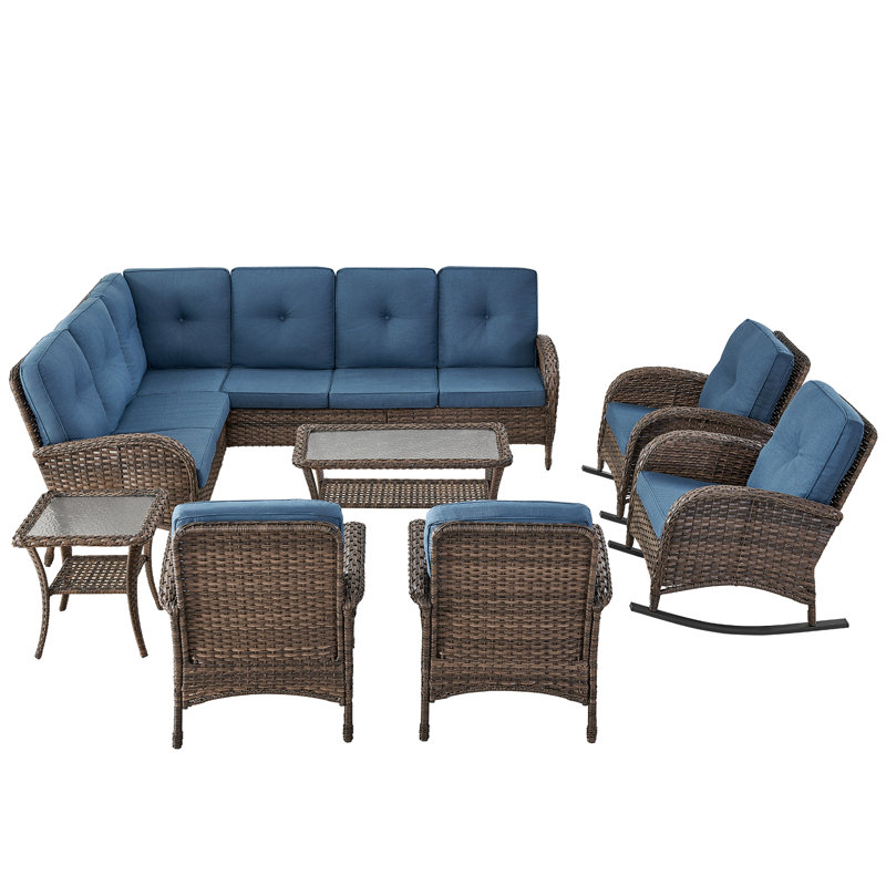 Serita Trym 9-Person Outdoor PE Wicker Patio Sectional Outdoor Conversation Set With Cushions, Blue