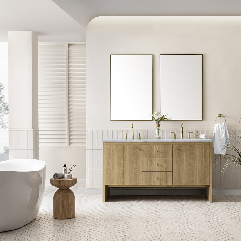 Hudson 60'' Double Bathroom Vanity with Top, Ethereal Noctis, 8" Widespread, Light Natural Oak