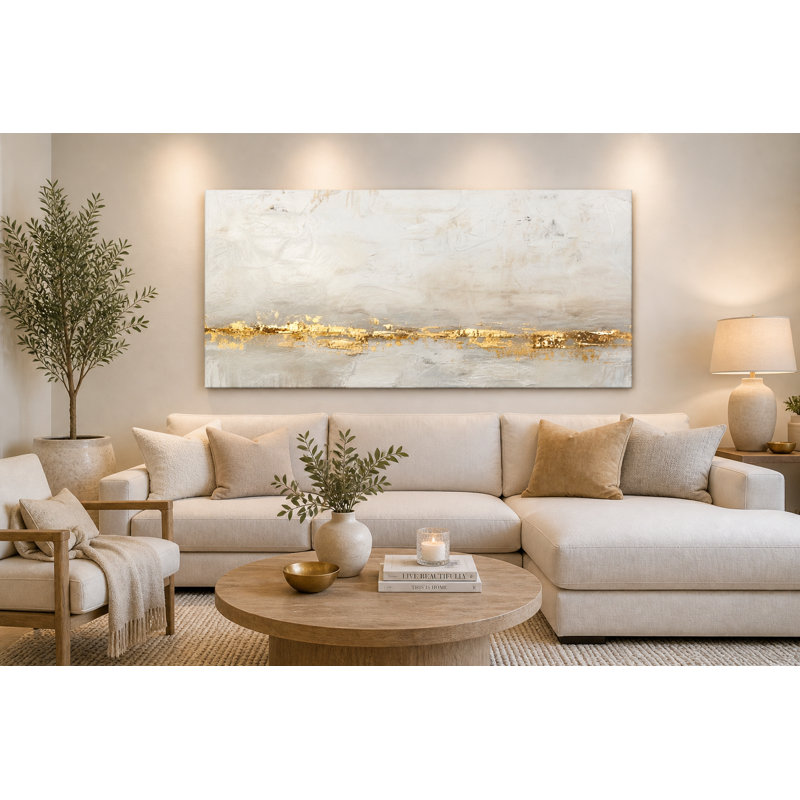 Décoration murale sur toile abstraite dorée, peinture de paysage moderne texturée beige et gris, décoration murale sur toile tendue