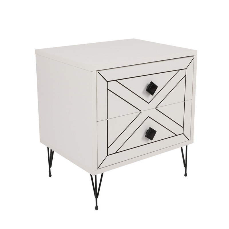 Modern White Nightstand with Metal Legs, 2 Drawers | 100% Melamine Coated Particle Board, 19.7 x 21.7 x 15.7 inches | Stylish Geometric Design, Perfect for Bedroom & Living Room, Durable & Elegant Storage Solution