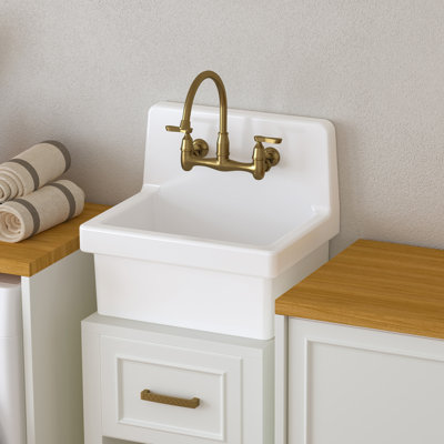 21 Inch Wall Mount Utility Sink, High Back Farmhouse Sink, White Ceramic Bathroom Sink Above Counter, Floating Porcelain Laundry Tub for Kitchen, Bathroom, Garage (21.3" x 16.2")