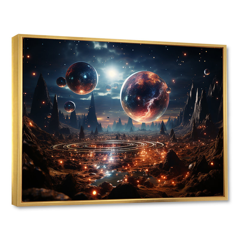 Orange et noir, 3 lunes, paysage II - espace, art mural, H 34 po x l 44 po x P 1,5 po, Cadre flottant doré