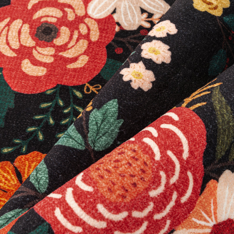  Tapis cerise lavable à la machine à motif floral noir, Rectangulaire 8 pi x 10