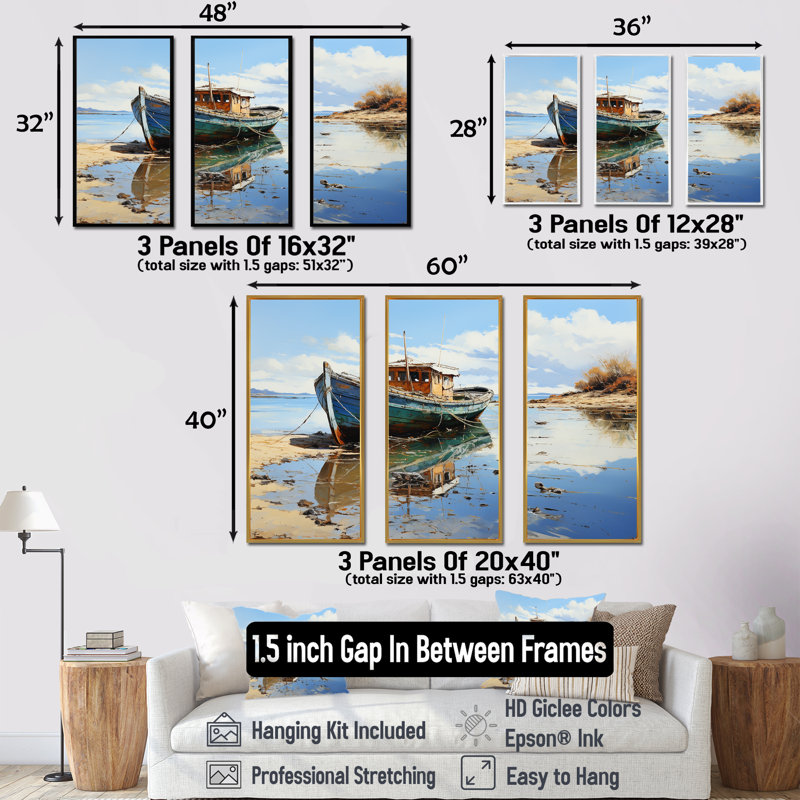 Fhses bateau au bord du lac II - art mural bateau côtier, Cadre flottant brun, H 28 po x l 36 po