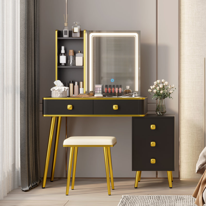 Makeup Vanity with Tri-Color Dimmable Light Mirror, Charge Station, 5-Drawer Sub-Cabinet, Soft Stool, Black/Gold/Beige Chair