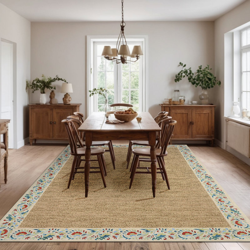 Tapis traditionnel à bordure avec envers antidérapant, Beige, 9 x 12 pi
