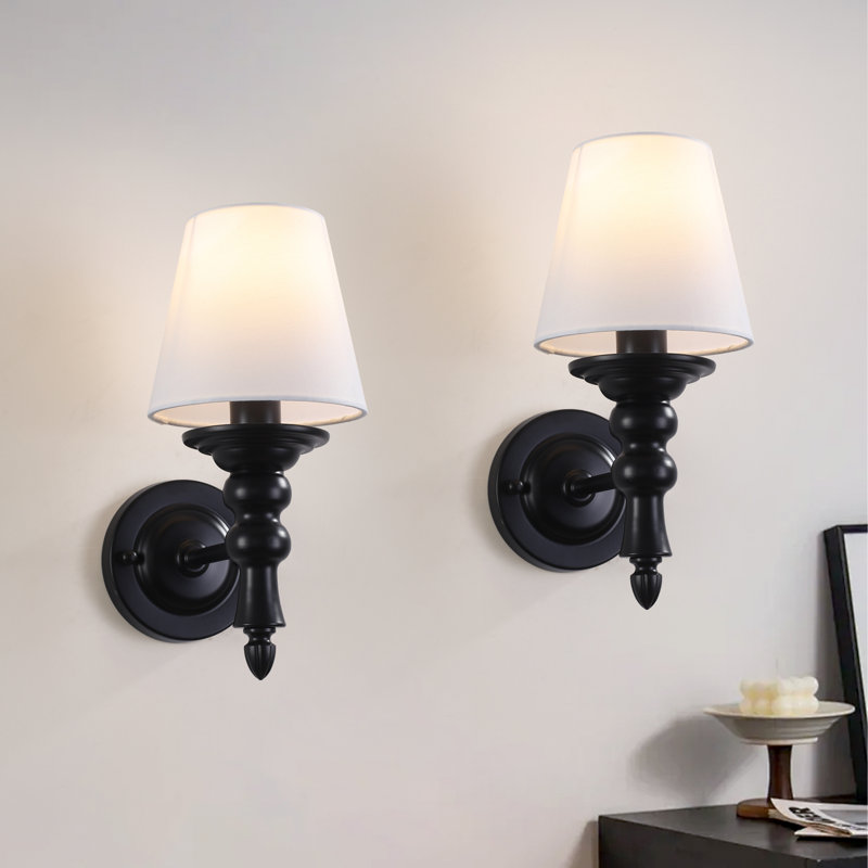 12.2" H Indoor 1-Light Armed Sconce With Tapered Fabric Shade, Matte Black