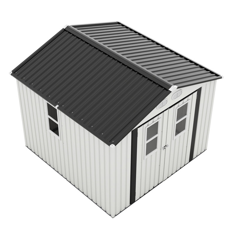Remise de rangement extérieure 8 x 8, blanche, avec structure à impact, quatre fenêtres, portes verrouillables de couleur blanche, film de protection stable, idéale pour la cour