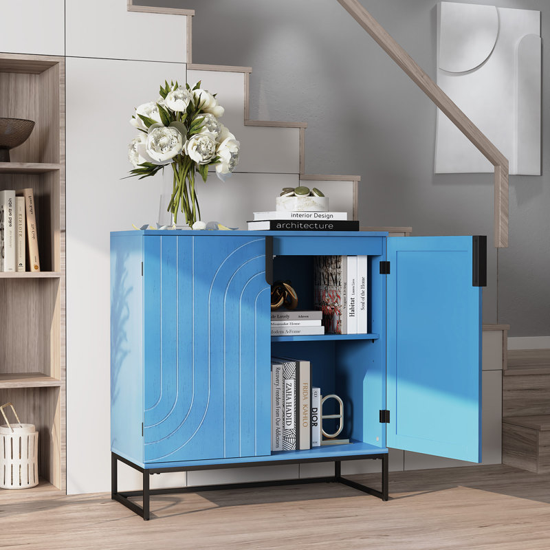 Modern 2-Door Accent Storage Cabinet, Sideboard with Metal Base, Geometric Pattern Buffet Cabinet, Blue, MDF, 31.7in