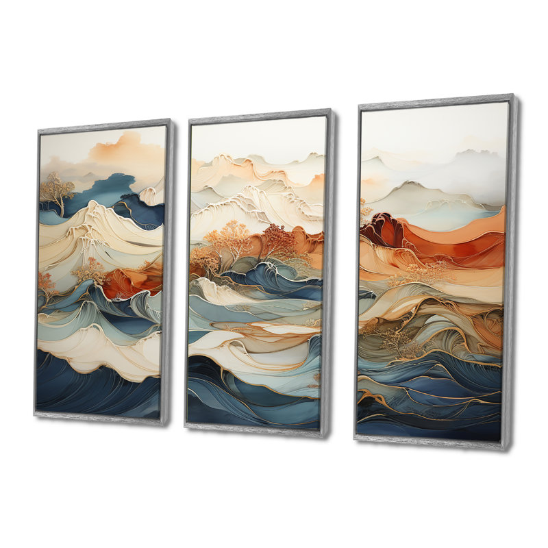 Abstrait orange et bleu, rivière bleue, encre III, ensemble d'art sur toile marbrée, H 40 po x l 60 po x P 1 po