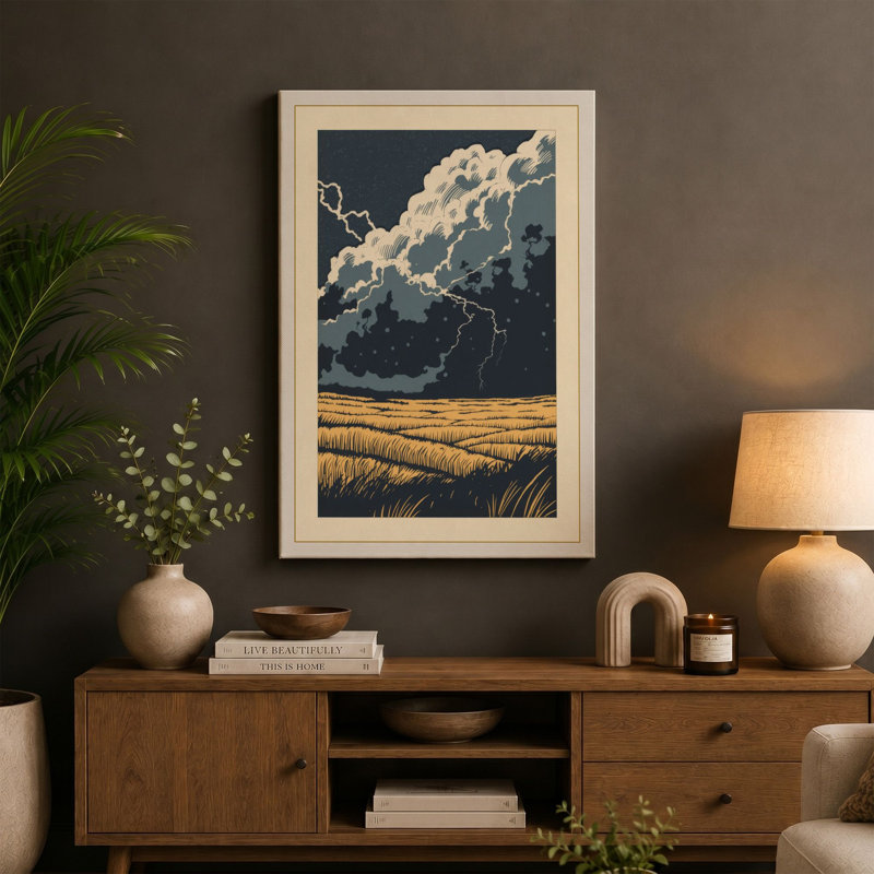 Storm Over Grassland Rustic - Wrapped Canvas, 36x24 - 91.4 x 61.0 cm, Teal Border