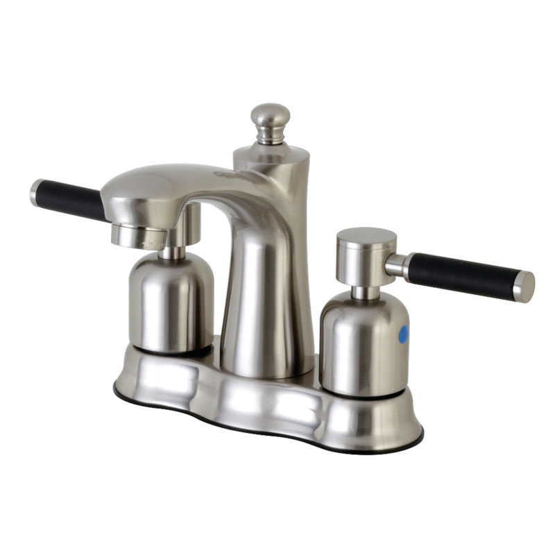 Kingston Brass Kaiser Two-Handle 3-Hole Deck Mount 4" Centerset Bathroom Faucet with Plastic Pop-Up, Brushed Nickel