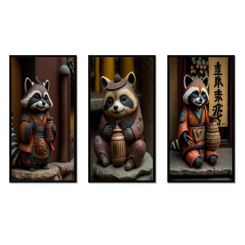 «Happy Terracotta Tanuki», 3 pièces sur toile, Noir, H 20 po x l 36 po