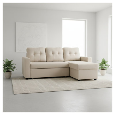 Convertible L-Shaped Sectional Sleeper Sofa with Polyester Upholstery, Beige