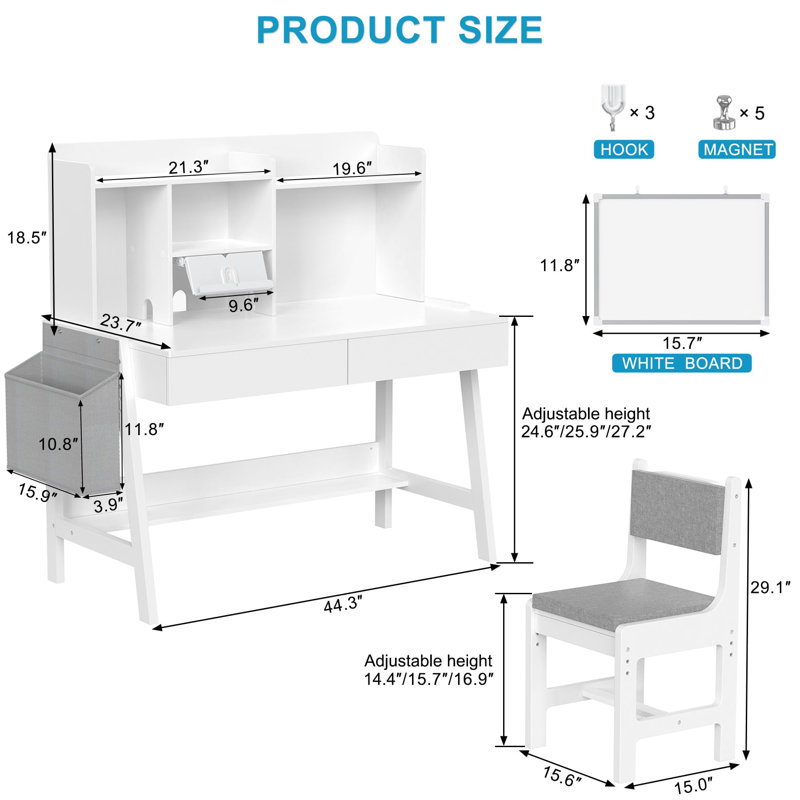 Kids Study Desk and Chair Set, Adjustable Wooden Study Desk with Hutch, Drawers, Book Stand, Whiteboard & Fabric Storage Bag for Ages 5-12