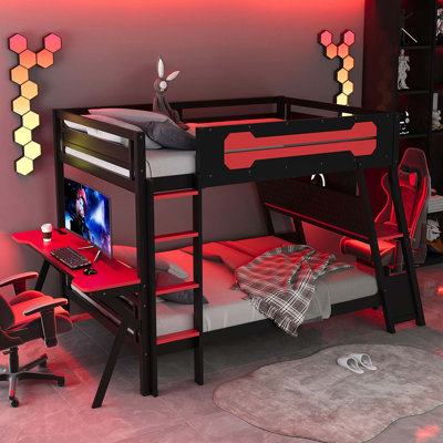 E-Sports Bunk Bed with Dual Gaming Desks and Pegboard Storage