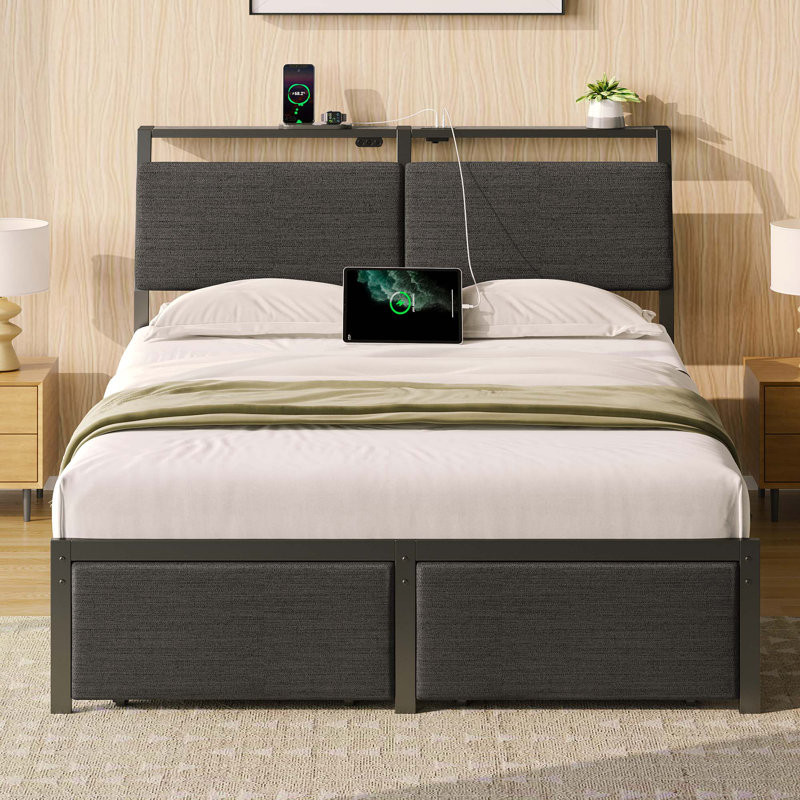 Pattani Bed Frame with Inclined Headboard, Upholstered Bed with Charging Station and RGB LED Lights, Queen