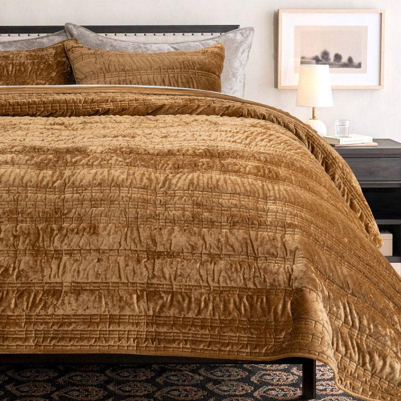 Ruched Crushed Velvet Quilt Set, King Quilt  + 2 King Shams, Gold Yellow
