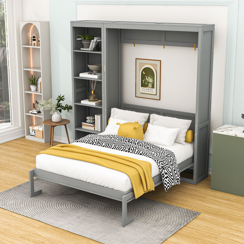 Ellettsville Murphy Bed Wall Bed With Shelves, Gray, Full/Double