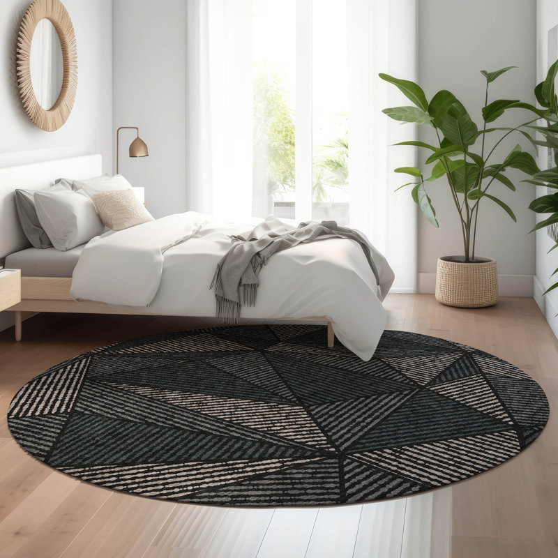 Premium Machine Washable Cerrito Black Rug, Round 8'