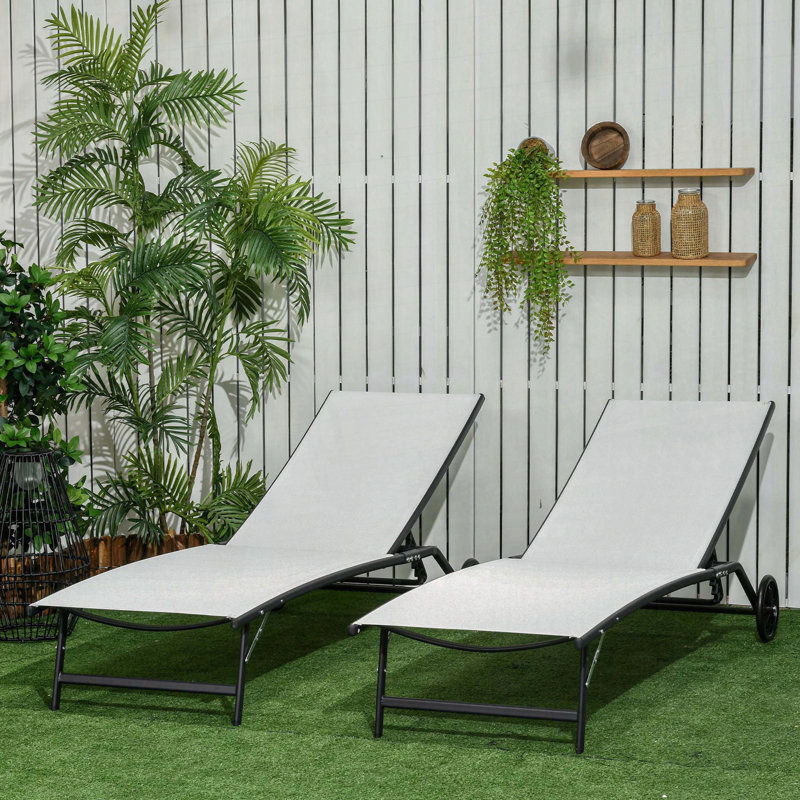 Ensemble de chaises longues 2 pièces avec roulettes et inclinable à 5 positions