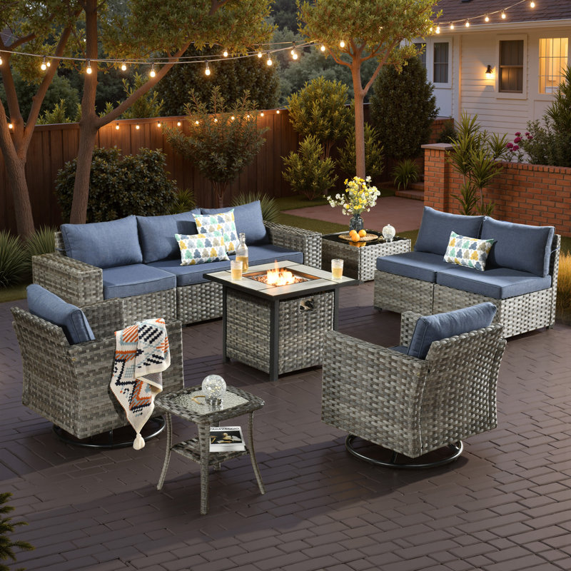 Bobia 7 - Person Patio Conversation Set with Cushions, Denim Blue