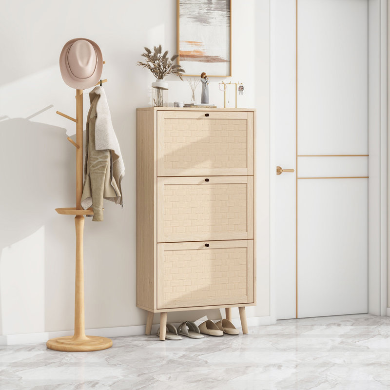 24 Inch Wide MDF Freestanding Shoe Storage Cabinet With 3 Flip Drawers, Natural